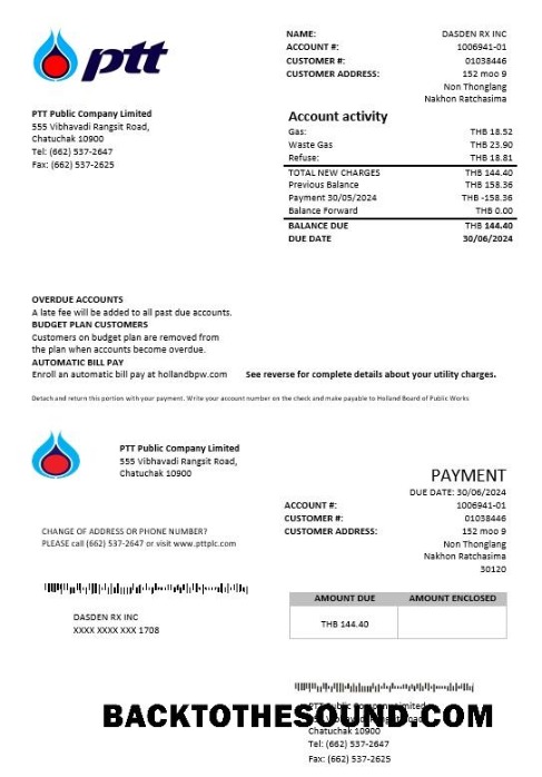 Scarica Thailandia PTT Gas Affari Bolletta Bolletta in Word and PDF Formati Campione anteprima