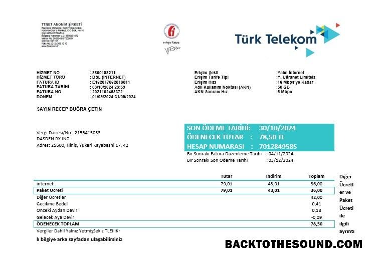 Scarica Turchia Turktelekom Affari Bolletta Bolletta in Word and PDF Formati, fully Modificabile Campione campione