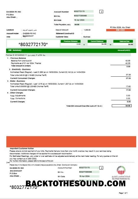 Modificabile Scarica EAU ABU DHABI DISTRIBUTION 7 CO. Affari Bolletta Bolletta Word and PDF Modello, Versione 2 Campione