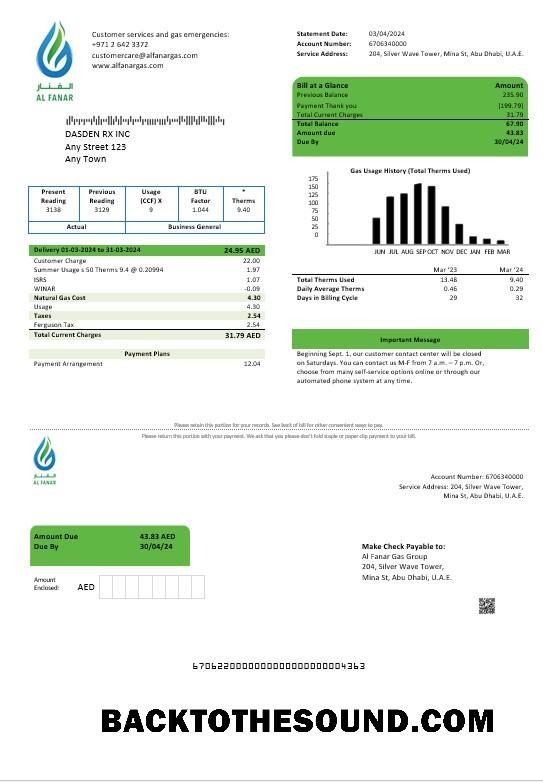 Scarica EAU Al Fanar Gas Group Affari Bolletta Bolletta in Word and PDF Formati Campione mockup