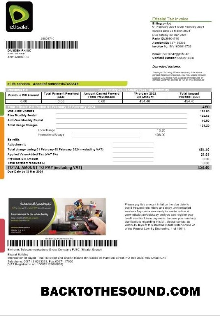 Scarica EAU Etisalat Affari Bolletta Bolletta in Word and PDF Formati Campione mockup