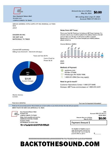 Scarica USA AEP Texas Elettricità Affari Bolletta Bolletta in Word and PDF Formati Campione campione