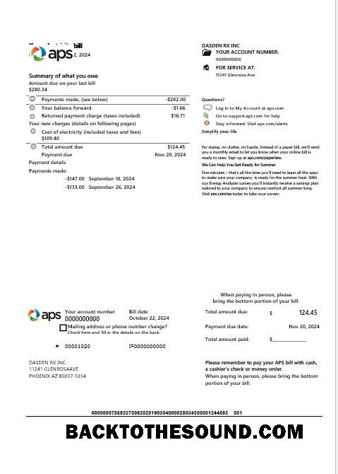 Scarica USA Arizona APS Elettricità proof of address Affari Bolletta Bolletta in Word and PDF Formati Campione modello