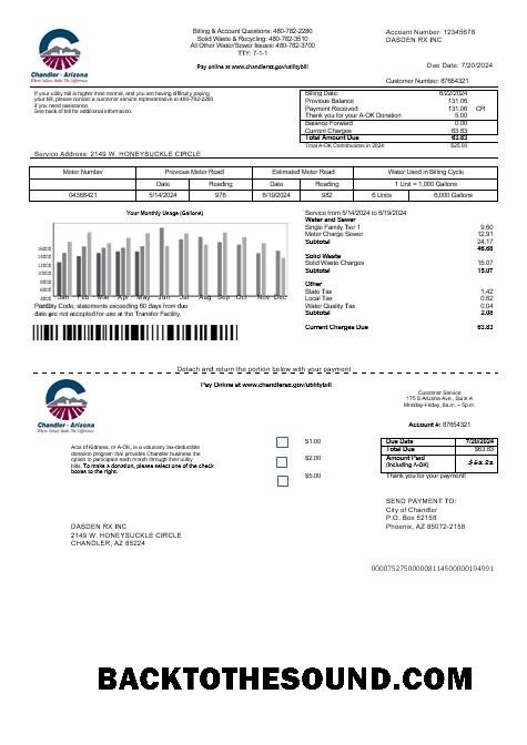 Scarica USA Arizona Chandler Affari utilities Bolletta in Word and PDF Formati Campione campione