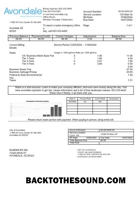 Scarica USA Arizona The City of Avondale Acqua Affari Bolletta Bolletta in Word and PDF Formati Campione design