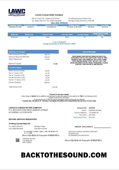 Scarica USA California Lincoln Avenue Acqua Azienda Affari Bolletta Bolletta in Word and PDF Formati Campione mockup