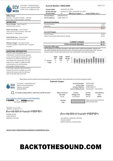 Scarica USA California Santa Clarita SCV Acqua Affari Bolletta Bolletta in Word and PDF Formati Campione mockup