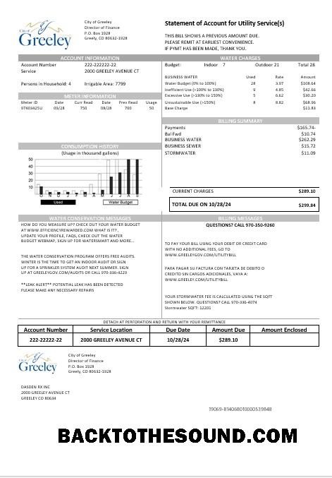 Scarica USA Colorado City of Greeley Acqua Affari Bolletta Bolletta in Word and PDF Formati Campione design