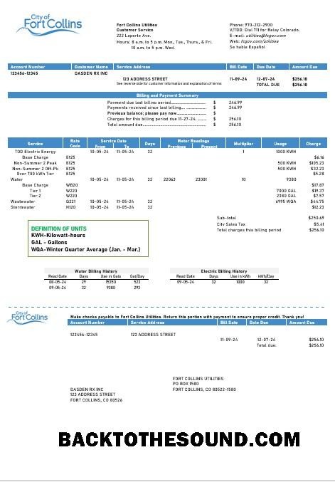 Scarica USA Colorado Fort Collins Utilities Affari Bolletta Bolletta in Word and PDF Formati Campione anteprima