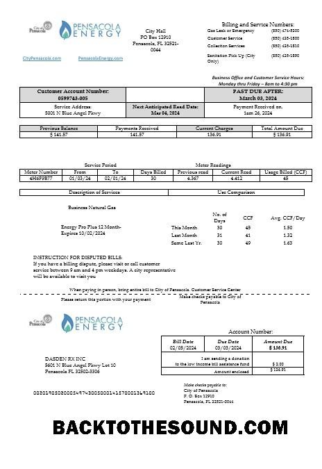 Scarica USA Florida Pensacola Energy Affari Bolletta Bolletta in Word and PDF Formati Campione mockup
