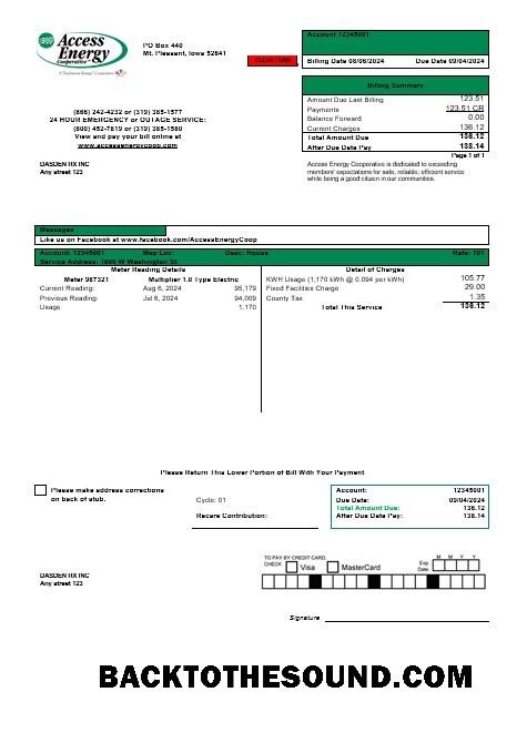 Scarica USA Iowa accesso Energy Cooperative Affari Bolletta Bolletta in Word and PDF Formati Campione mockup