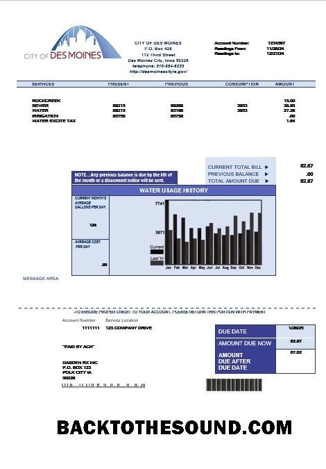 Scarica USA Iowa City of Des Moines Acqua Affari Bolletta Bolletta in Word and PDF Formati Campione design