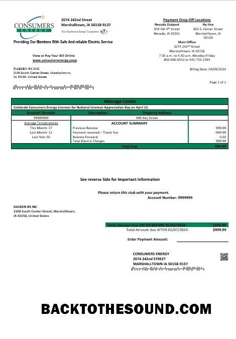 Scarica USA Iowa Consumers Energy Affari Bolletta Bolletta in Word and PDF Formati Campione modello