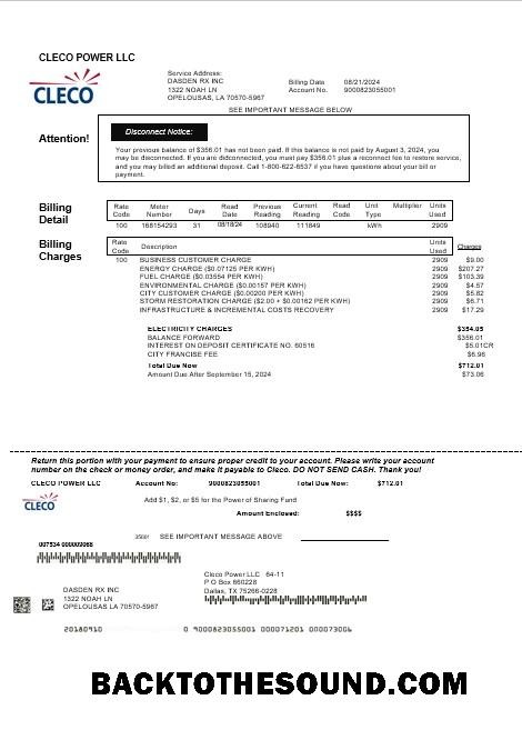 Scarica USA Louisiana Cleco Power Elettricità Affari Bolletta Bolletta in Word and PDF Formati Campione campione