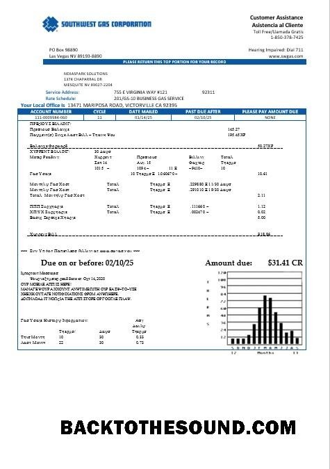 Scarica USA Nevada Southwest Gas Corporation Affari Bolletta Bolletta in Word and PDF Formati Campione campione