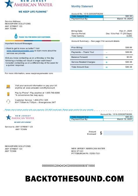 Scarica USA Nuovo Jersey American Acqua Affari Bolletta Bolletta Word and PDF Campione anteprima