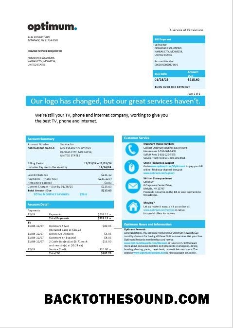 Scarica USA Nuovo York Optimum cablevision Affari Bolletta Bolletta in Word and PDF Formati Campione campione