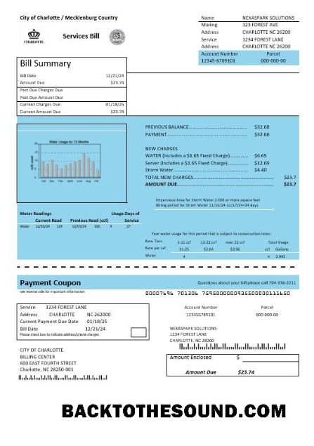 Scarica USA North Carolina City of Charlotte Acqua Affari Bolletta Bolletta in Word and PDF Formati Campione mockup