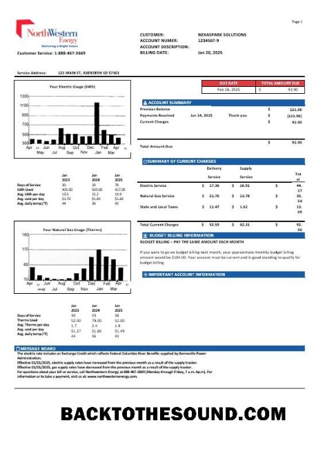 Scarica USA NorthWestern Energy Affari Bolletta Bolletta in Word and PDF Formati, Versione 1 Campione campione