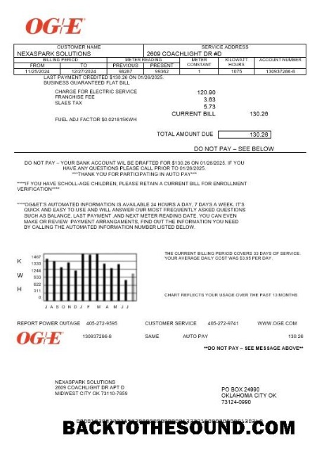 Scarica USA Oklahoma OGE Energy Affari Bolletta Bolletta in Word and PDF Formati Campione modello