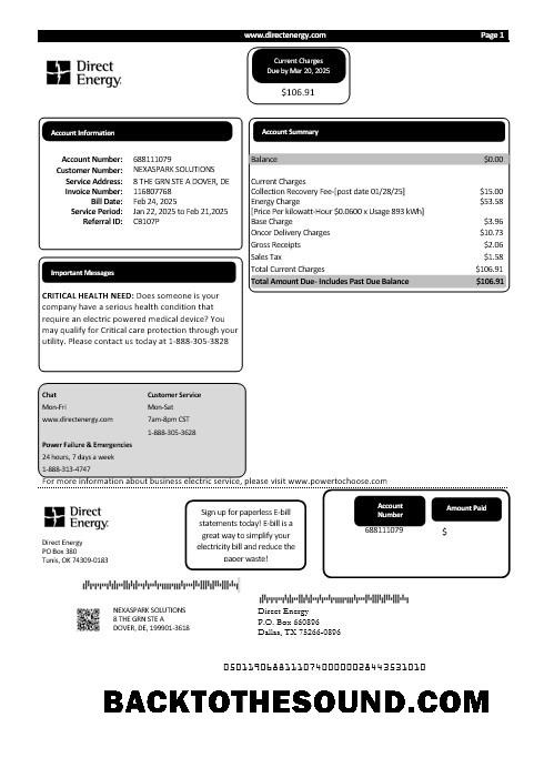 Scarica USA Texas Direct Energy Affari Bolletta Bolletta in Word and PDF Formati Campione design