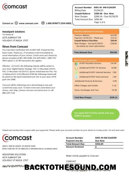 Scarica USA Utah Comcast Affari Bolletta Bolletta in Word and PDF Formati, Versione 2 Campione design