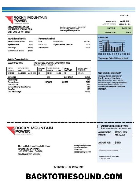 Scarica USA Utah Rocky Mountain Power Elettricità Affari Bolletta Bolletta in Word and PDF Formati Campione design