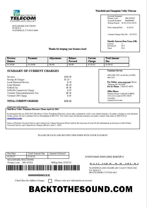 Scarica USA Waitsfield Telecom Affari Bolletta Bolletta in Word and PDF Formati Campione campione