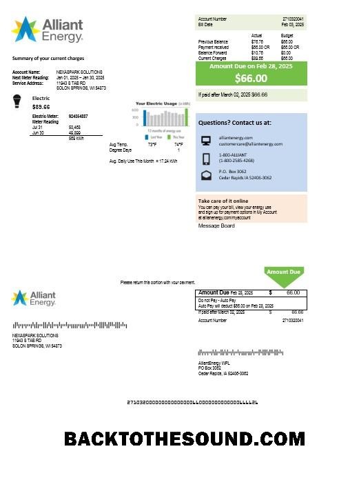 Scarica USA Wisconsin Alliant Energy Elettricità Affari Bolletta Bolletta in Word and PDF Formati Campione mockup