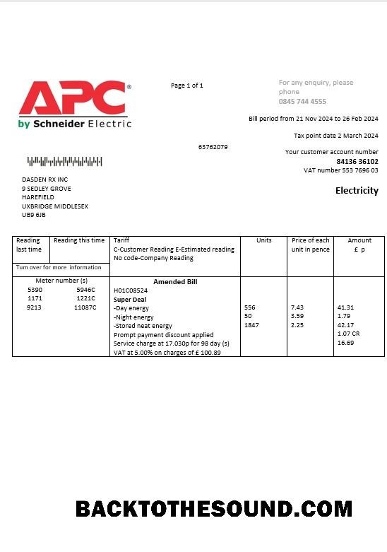 Scarica Regno Unito APC Elettricità Affari Bolletta Bolletta in Word and PDF Formati Campione campione