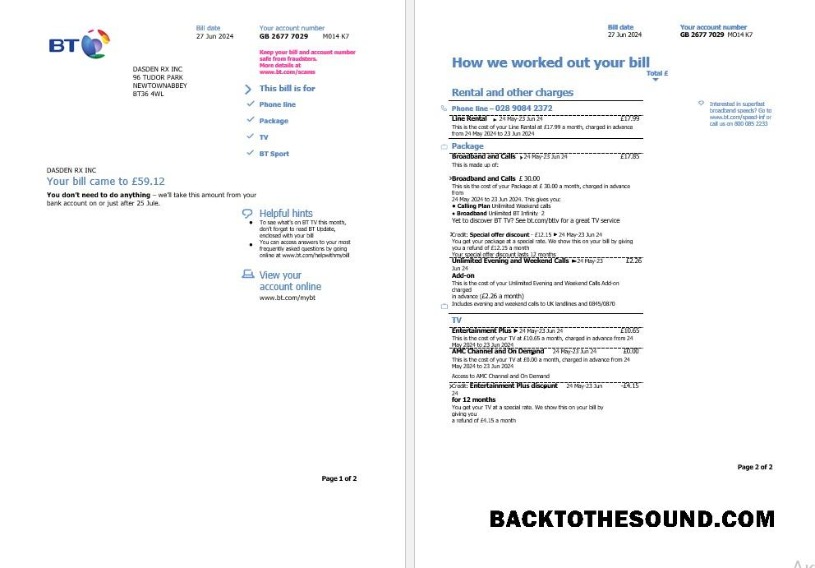 Scarica Regno Unito BT Affari Bolletta Bolletta in Word and PDF Formati, 2 pages Campione anteprima