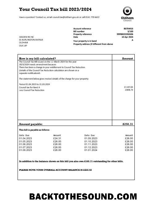 Scarica Regno Unito Oldham council Tassa Affari Bolletta Bolletta in Word and PDF Formati Campione design
