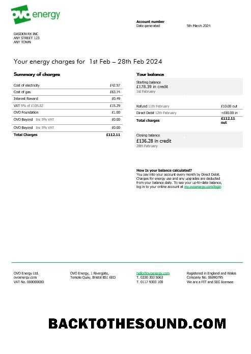 Scarica Regno Unito Ovo Energy Elettricità Affari Bolletta Bolletta, Word and PDF Campione design