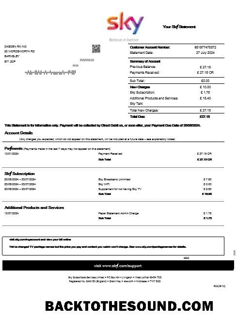 Scarica Regno Unito Sky Affari Bolletta Bolletta Estratto conto in Word and PDF Formati Campione anteprima