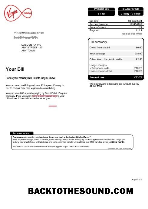 Scarica Regno Unito Virgin Media Affari Bolletta Bolletta, Word and PDF Campione design