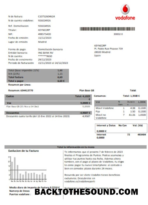 Scarica Vodafone telecommunications Bolletta Affari Bolletta, Word and PDF SCR Campione anteprima