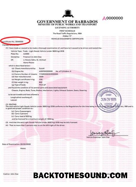 Pobierz Barbados pojazd rejestracja Certyfikat Próbka próbka
