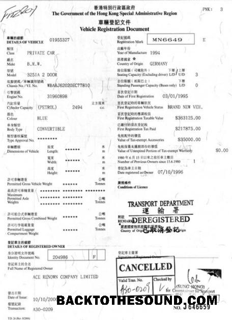 Pobierz Hongkong pojazd rejestracja Certyfikat Próbka podgląd