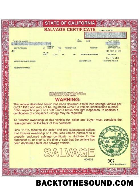 Pobierz USA California salvage Certyfikat of a pojazd Próbka próbka