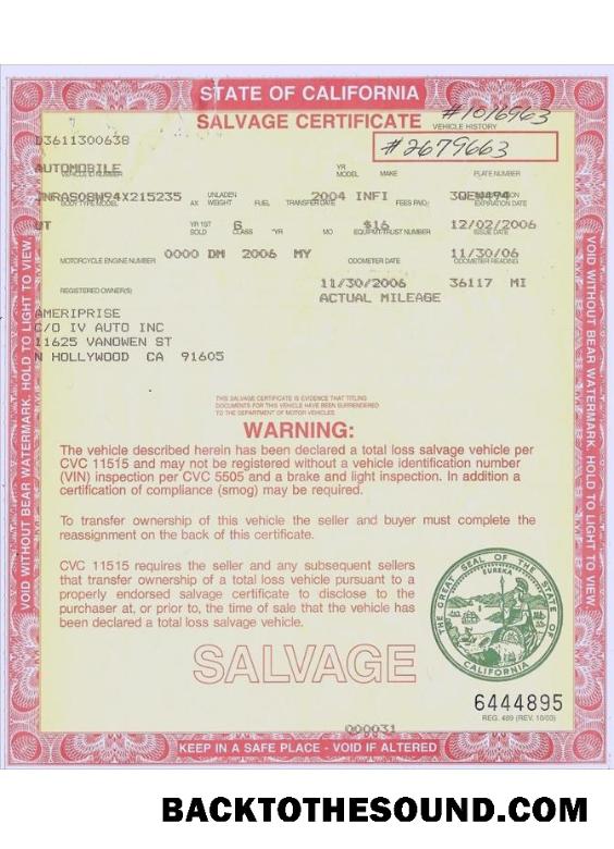 Pobierz USA California salvage Certyfikat Próbka próbka