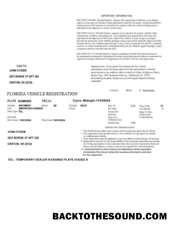 Pobierz USA Florida pojazd rejestracja in Word and PDF Formaty Próbka próbka