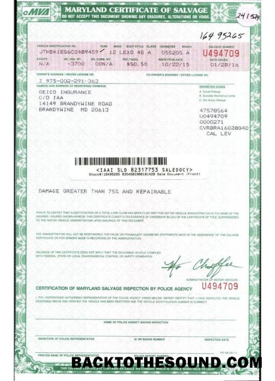 Pobierz USA Maryland Certyfikat of salvage Próbka makieta