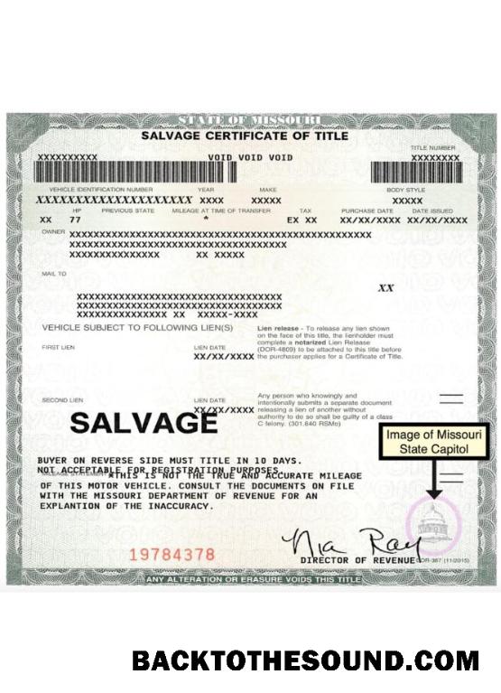 Pobierz USA Missouri salvage Certyfikat of title Próbka szablon