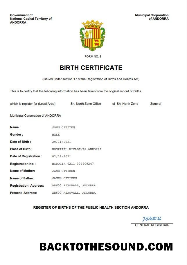 İndir Andorra vital record doğum Sertifika Word and PDF Örnek ön izleme