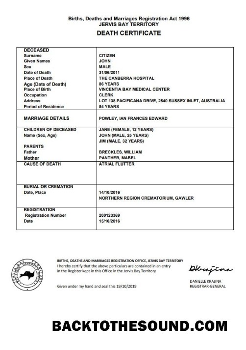 İndir Avustralya Jervis Bay Territory ölüm Sertifika in Word Format Örnek tasarım