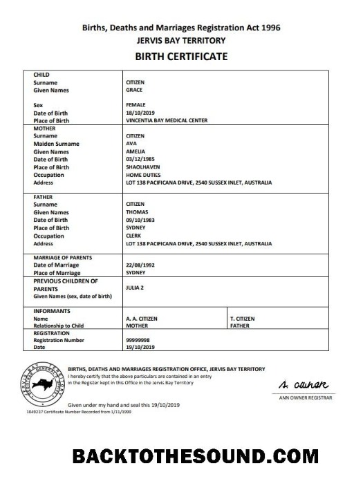 İndir Avustralya Jervis Bay territory doğum Sertifika in Word and PDF Format Örnek örnek