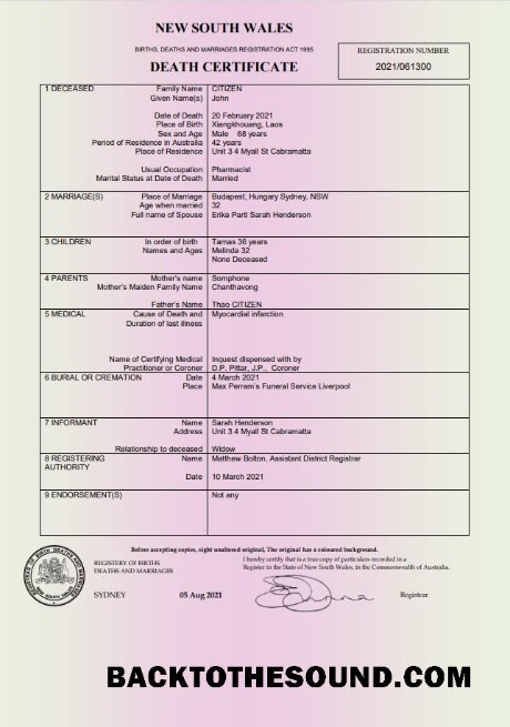 İndir Avustralya Yeni South Galler ölüm Sertifika in Word and PDF Format Örnek ön izleme