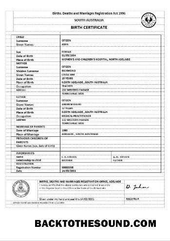 İndir Avustralya South Avustralya doğum Sertifika Sürüm 2 Örnek ön izleme