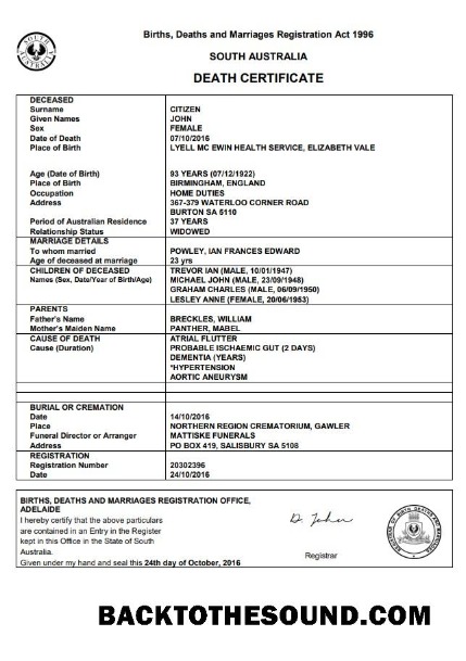 İndir Avustralya South Avustralya ölüm Sertifika in Word Format Örnek ön izleme