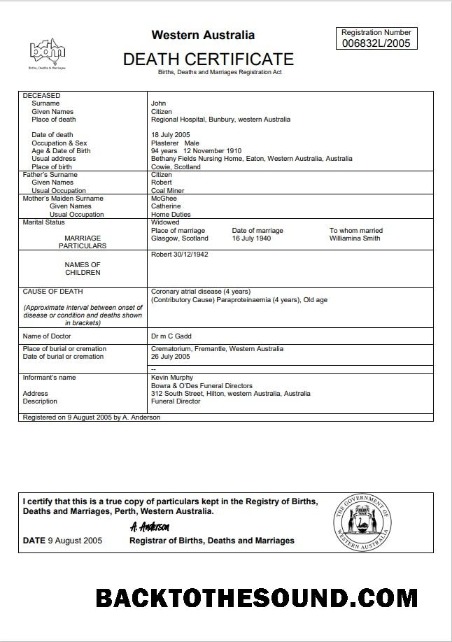 İndir Avustralya Western Avustralya ölüm Sertifika in Word Örnek ön izleme